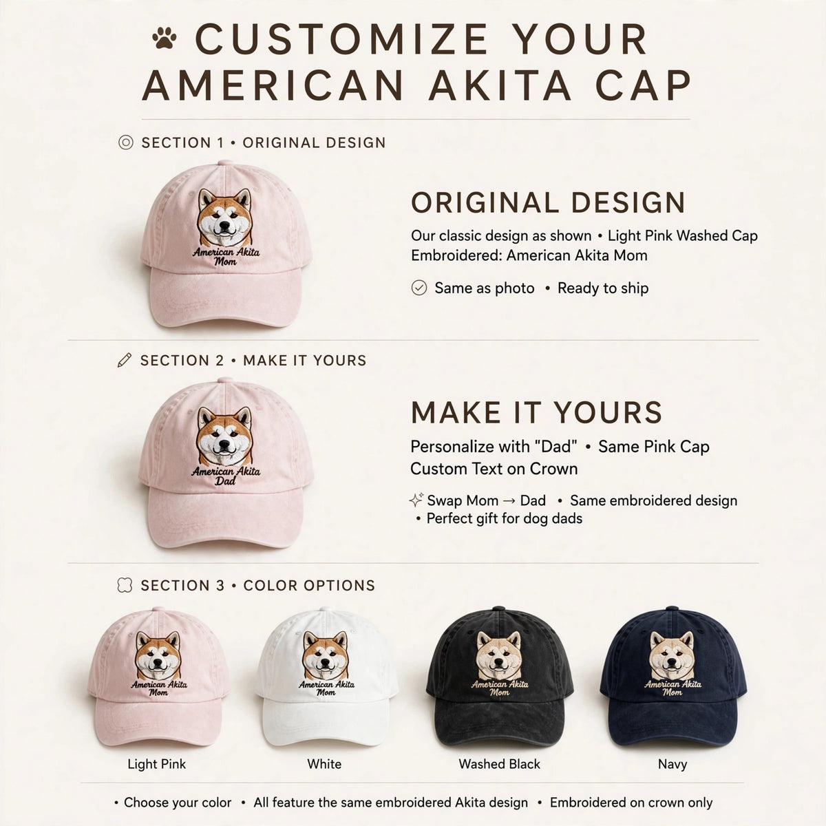 American Akita Mom Gift, Personalized Large Spitz Dog Mom Embroidered Cap for Dog Moms
