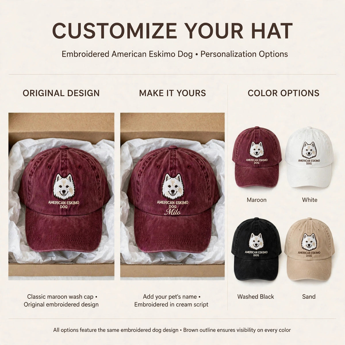 American Eskimo Dog Cap, Custom Embroidered White Spitz Face Baseball Cap, Gift for Dog Lovers