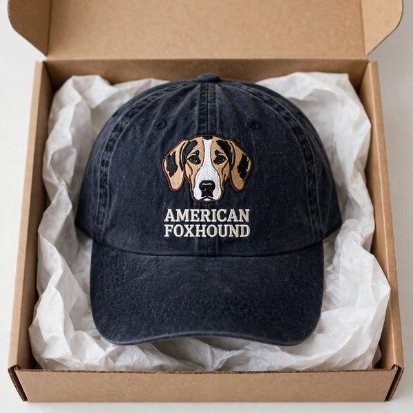 American Foxhound Face embroidered navy dad hat gift presentation