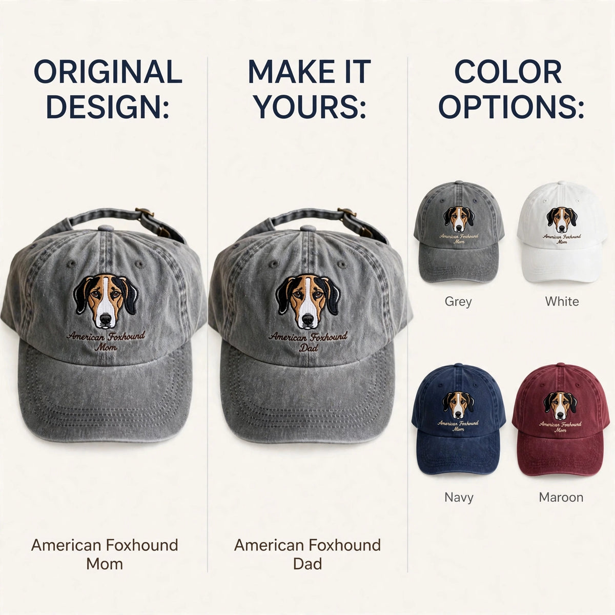 American Foxhound Mom Gift, Personalized Tricolor Scent Hound Mom Embroidered Cap for Dog Moms