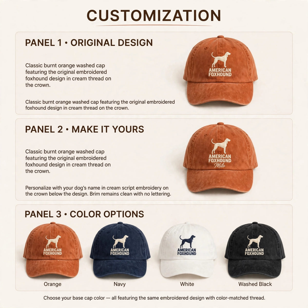 American Foxhound Silhouette Embroidered Cap, Tricolor Scent Hound Dog Hat, Gift for Dog Lovers