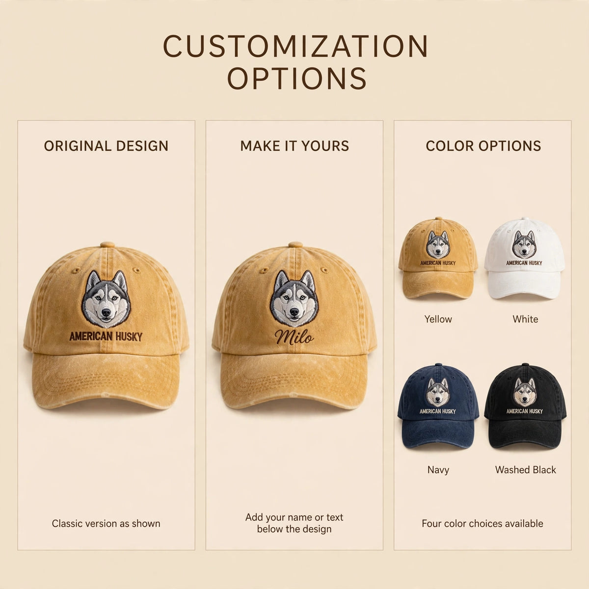 American Husky Cap, Custom Embroidered Northern Sled Dog Face Baseball Cap, Gift for Dog Lovers