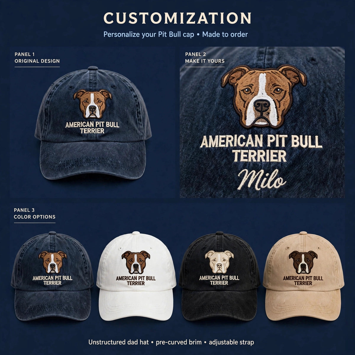 American Pit Bull Terrier Cap, Custom Embroidered Sweet Blocky Face Baseball Cap, Gift for Dog Lovers
