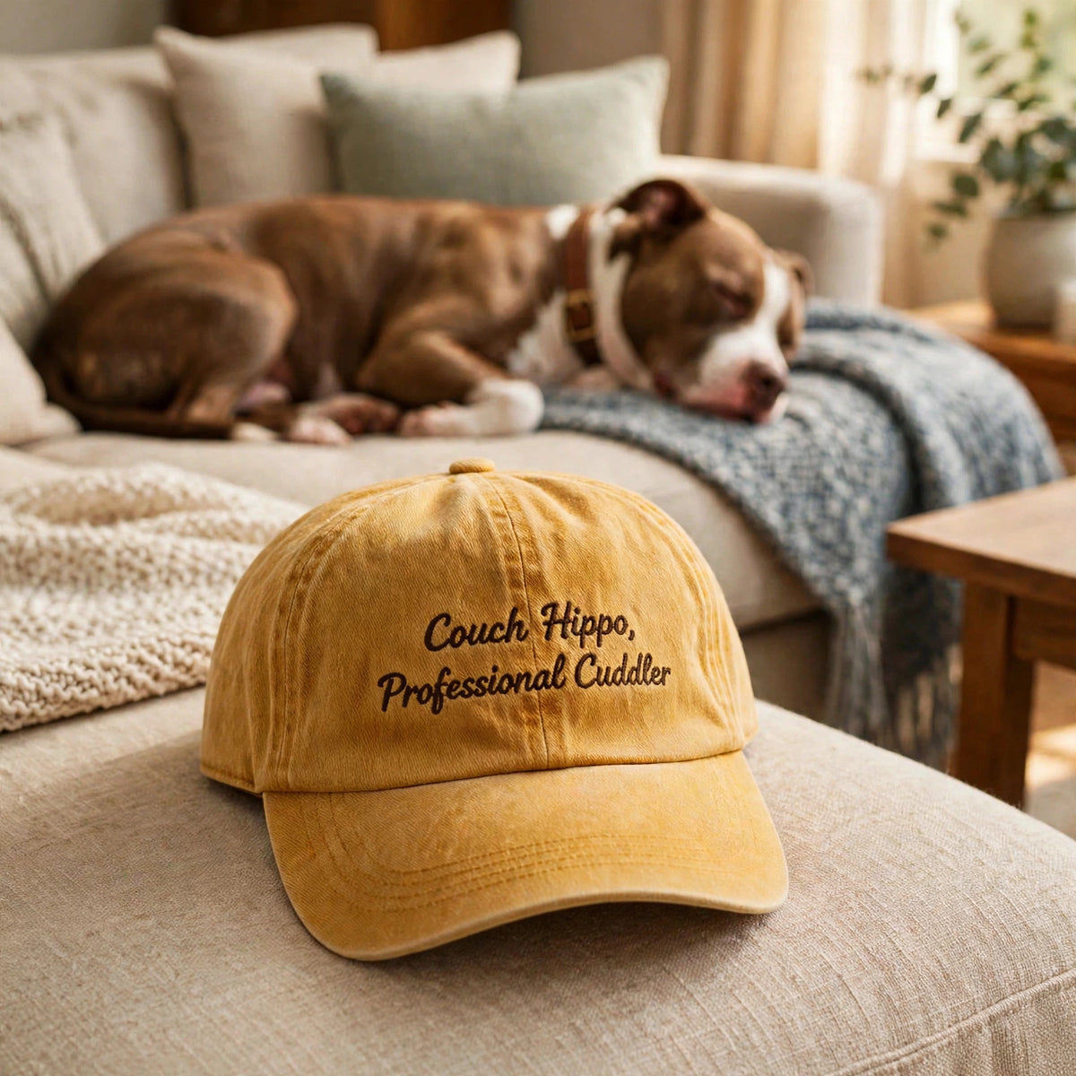 Funny Gift for American Pit Bull Terrier Owners, Couch Hippo Professional Cuddler Embroidered Cap