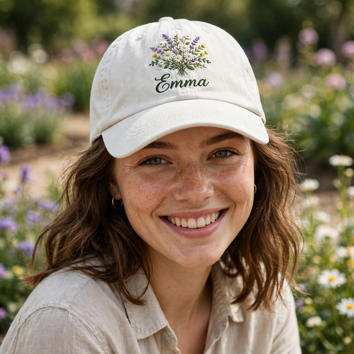 Custom Embroidered Birth Flower Hat – Personalized Name Wildflower Baseball Cap, Washed Cotton Birthday Gift for Her