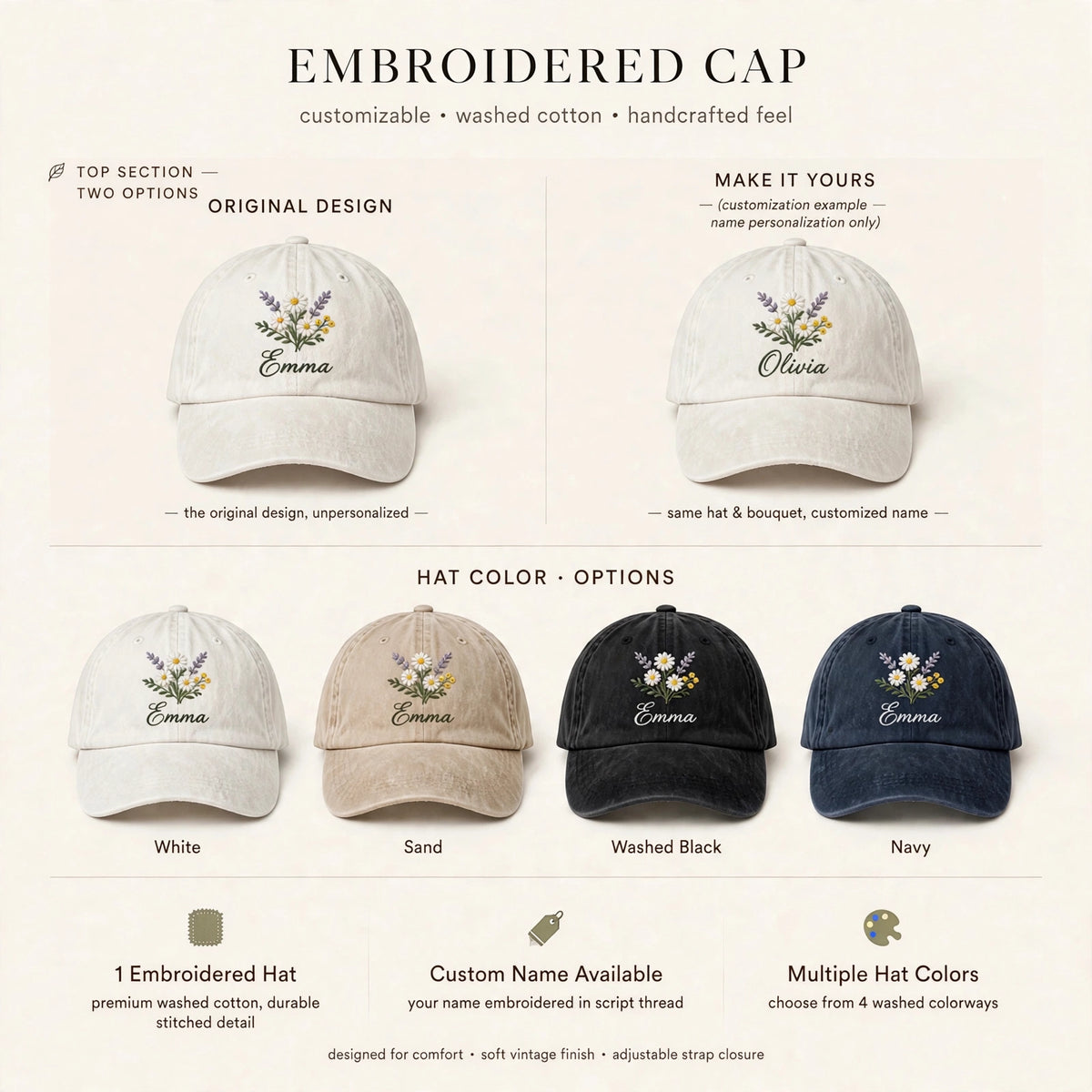 Custom Embroidered Birth Flower Hat – Personalized Name Wildflower Baseball Cap, Washed Cotton Birthday Gift for Her