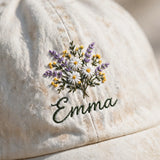 Custom Embroidered Birth Flower Hat – Personalized Name Wildflower Baseball Cap, Washed Cotton Birthday Gift for Her