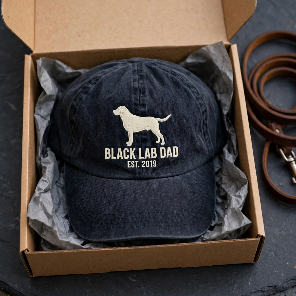 Custom Black Labrador Retriever Embroidered Hat, Personalized Dog Dad Est Year Silhouette Baseball Cap, Washed Cotton