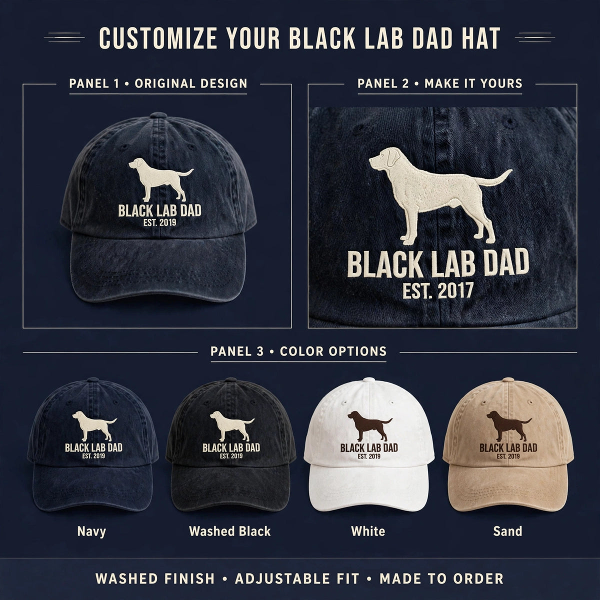 Custom Black Labrador Retriever Embroidered Hat, Personalized Dog Dad Est Year Silhouette Baseball Cap, Washed Cotton
