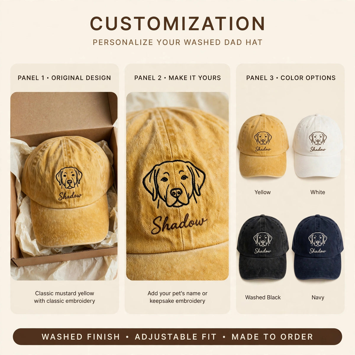Custom Black Labrador Retriever Embroidered Hat, Personalized Pet Name Line Art Baseball Cap, Washed Cotton