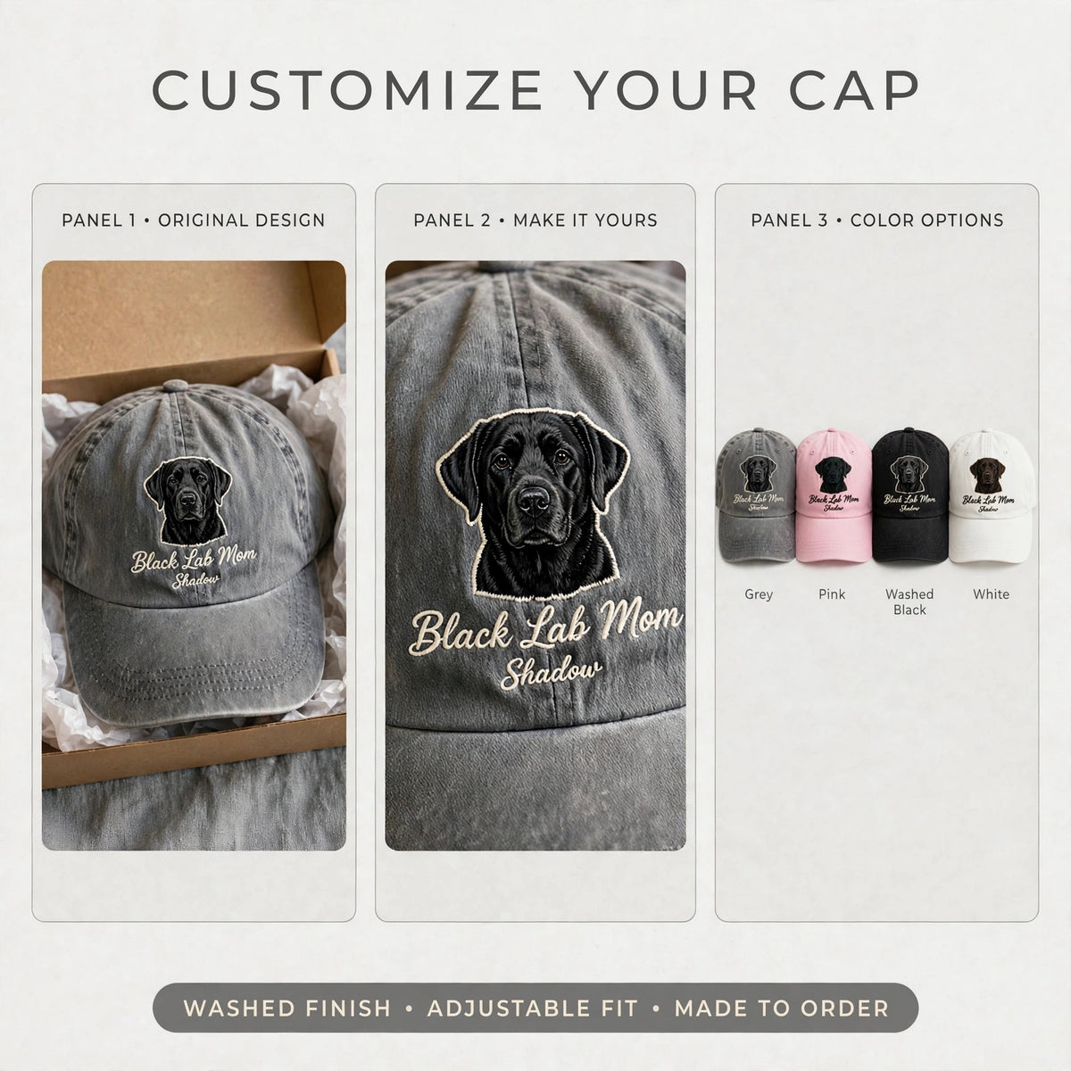 Custom Black Labrador Retriever Embroidered Hat, Personalized Dog Mom Pet Name Portrait Baseball Cap, Vintage Washed Cotton