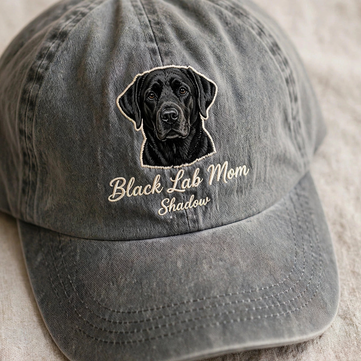 Custom Black Labrador Retriever Embroidered Hat, Personalized Dog Mom Pet Name Portrait Baseball Cap, Vintage Washed Cotton