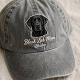 Custom Black Labrador Retriever Embroidered Hat, Personalized Dog Mom Pet Name Portrait Baseball Cap, Vintage Washed Cotton