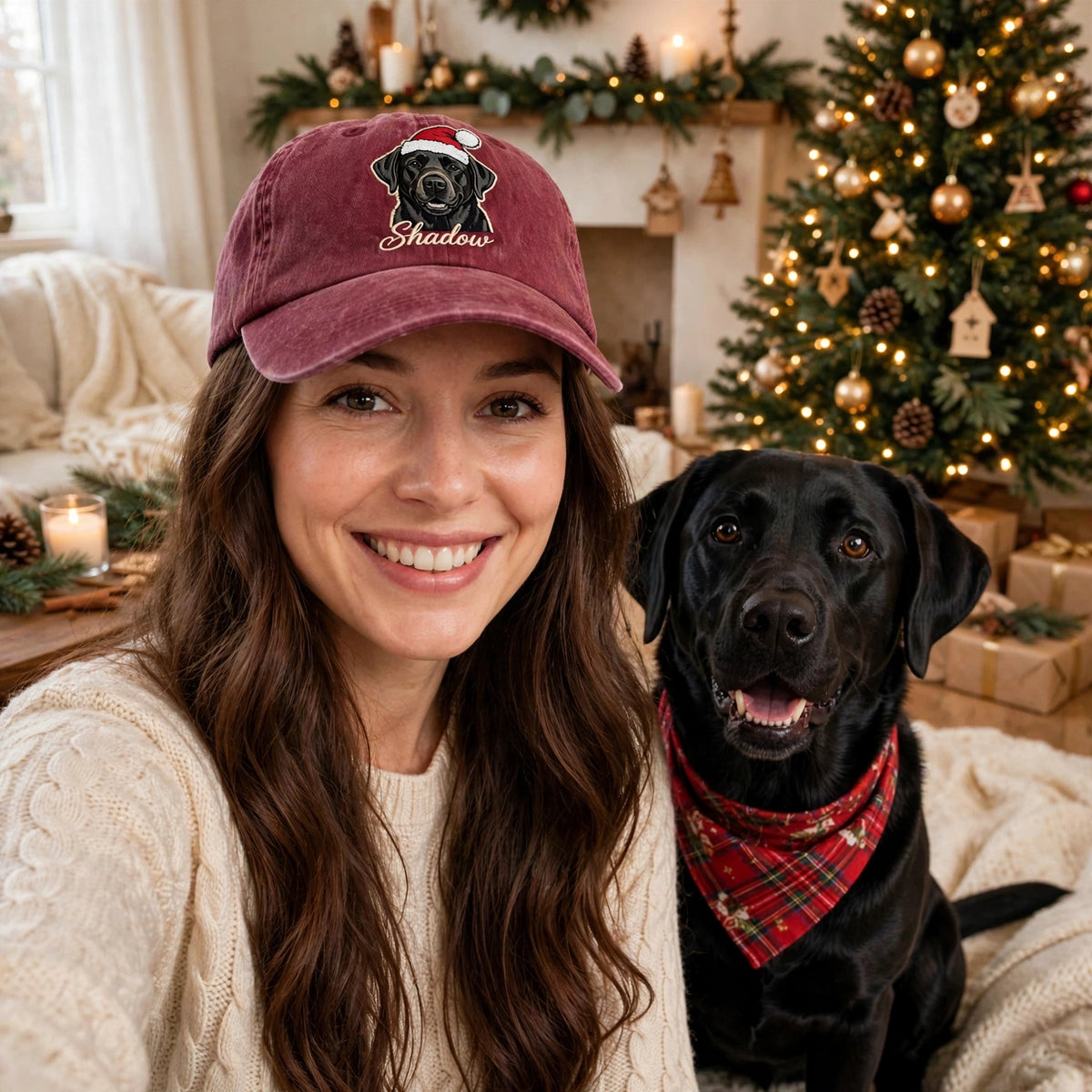 Custom Black Labrador Retriever Embroidered Hat, Personalized Christmas Santa Pet Name Portrait Baseball Cap, Washed Cotton