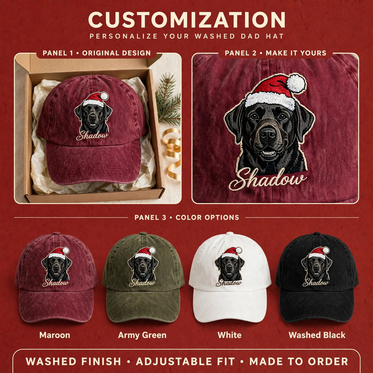 Custom Black Labrador Retriever Embroidered Hat, Personalized Christmas Santa Pet Name Portrait Baseball Cap, Washed Cotton