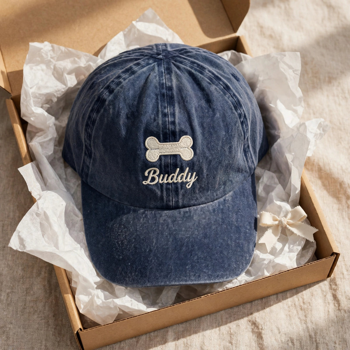 Custom Embroidered Dog Bone Hat – Personalized Pet Name Baseball Cap, Washed Cotton Gift for Dog Lovers
