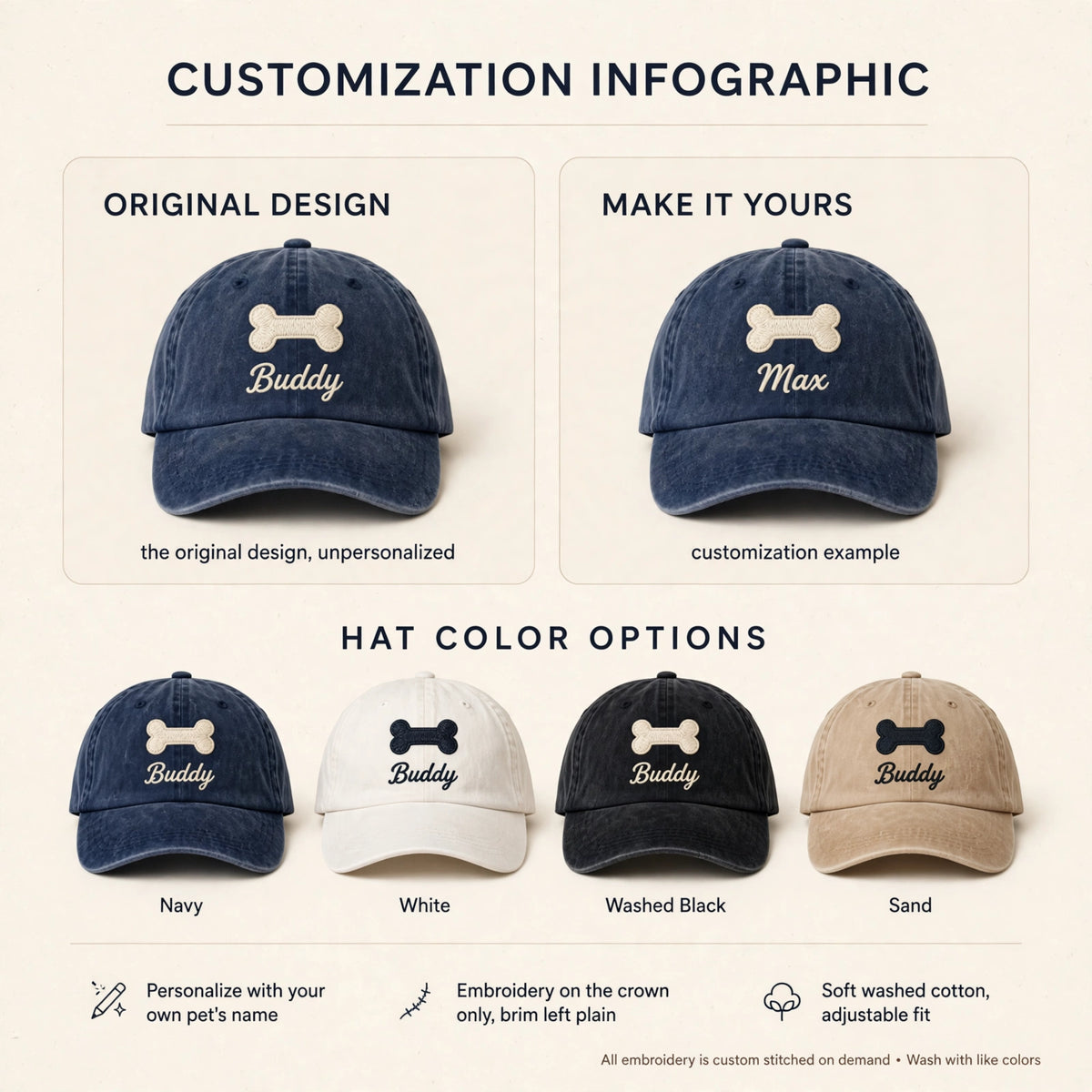 Custom Embroidered Dog Bone Hat – Personalized Pet Name Baseball Cap, Washed Cotton Gift for Dog Lovers