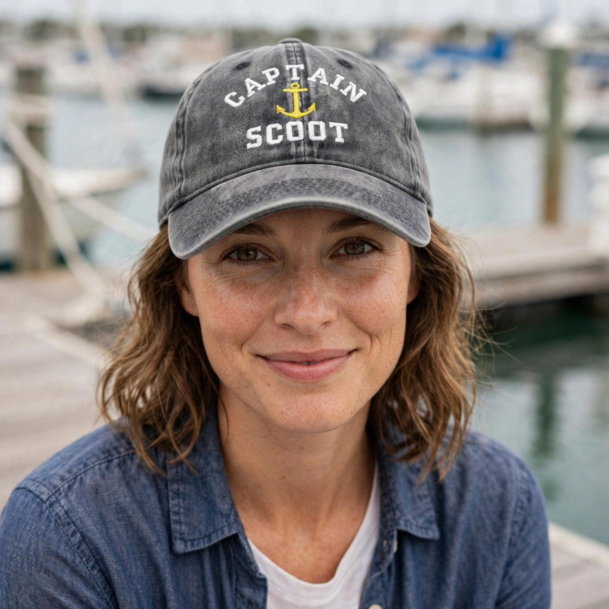 Custom Captain Nautical Embroidered Baseball Cap - Washed Denim Boat Owner Yacht Sailing Cotton Dad Hat