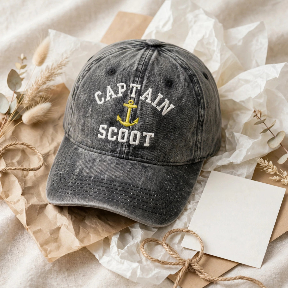 Custom Captain Nautical Embroidered Baseball Cap - Washed Denim Boat Owner Yacht Sailing Cotton Dad Hat