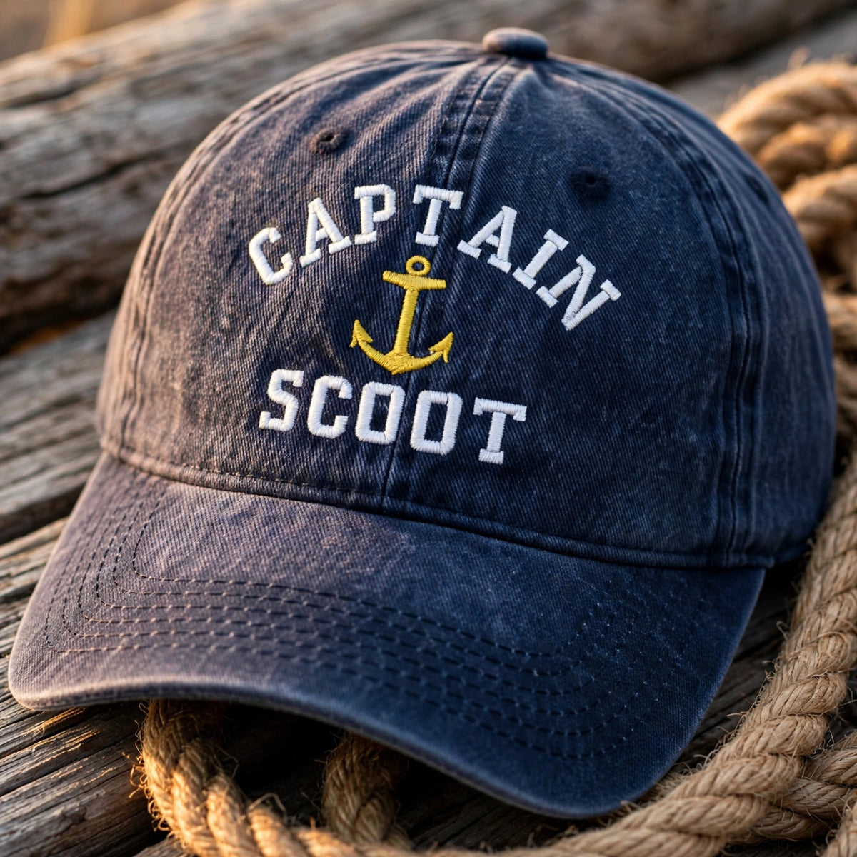 Custom Captain Nautical Embroidered Baseball Cap - Washed Denim Boat Owner Sailing Yacht Cotton Dad Hat