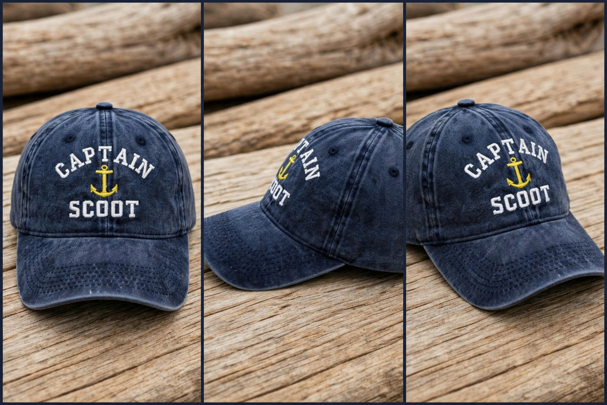 Custom Captain Nautical Embroidered Baseball Cap - Washed Denim Boat Owner Sailing Yacht Cotton Dad Hat