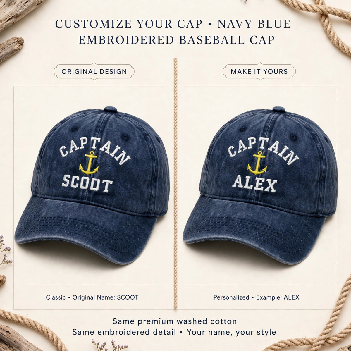 Custom Captain Nautical Embroidered Baseball Cap - Washed Denim Boat Owner Sailing Yacht Cotton Dad Hat