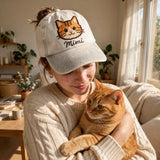 Custom Embroidered Cat Portrait Hat – Personalized Cat Face Baseball Cap, Washed Cotton Gift for Cat Lovers