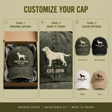 Custom Chocolate Labrador Retriever Embroidered Hat, Personalized Dog Dad Est Year Silhouette Baseball Cap, Washed Cotton