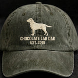 Custom Chocolate Labrador Retriever Embroidered Hat, Personalized Dog Dad Est Year Silhouette Baseball Cap, Washed Cotton