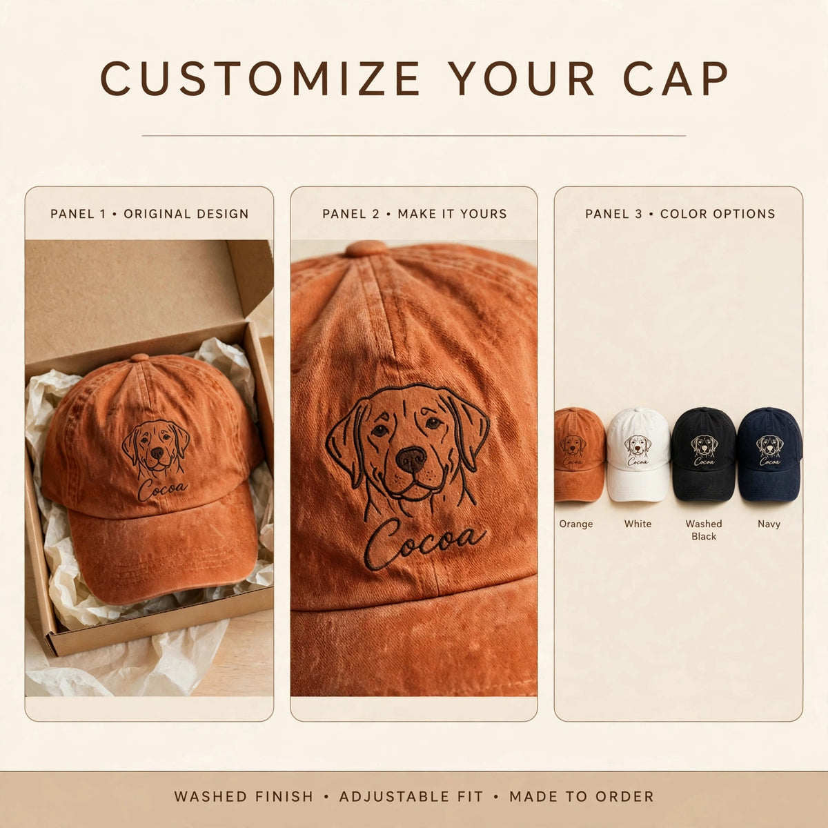 Custom Chocolate Labrador Retriever Embroidered Hat, Personalized Pet Name Line Art Baseball Cap, Washed Cotton