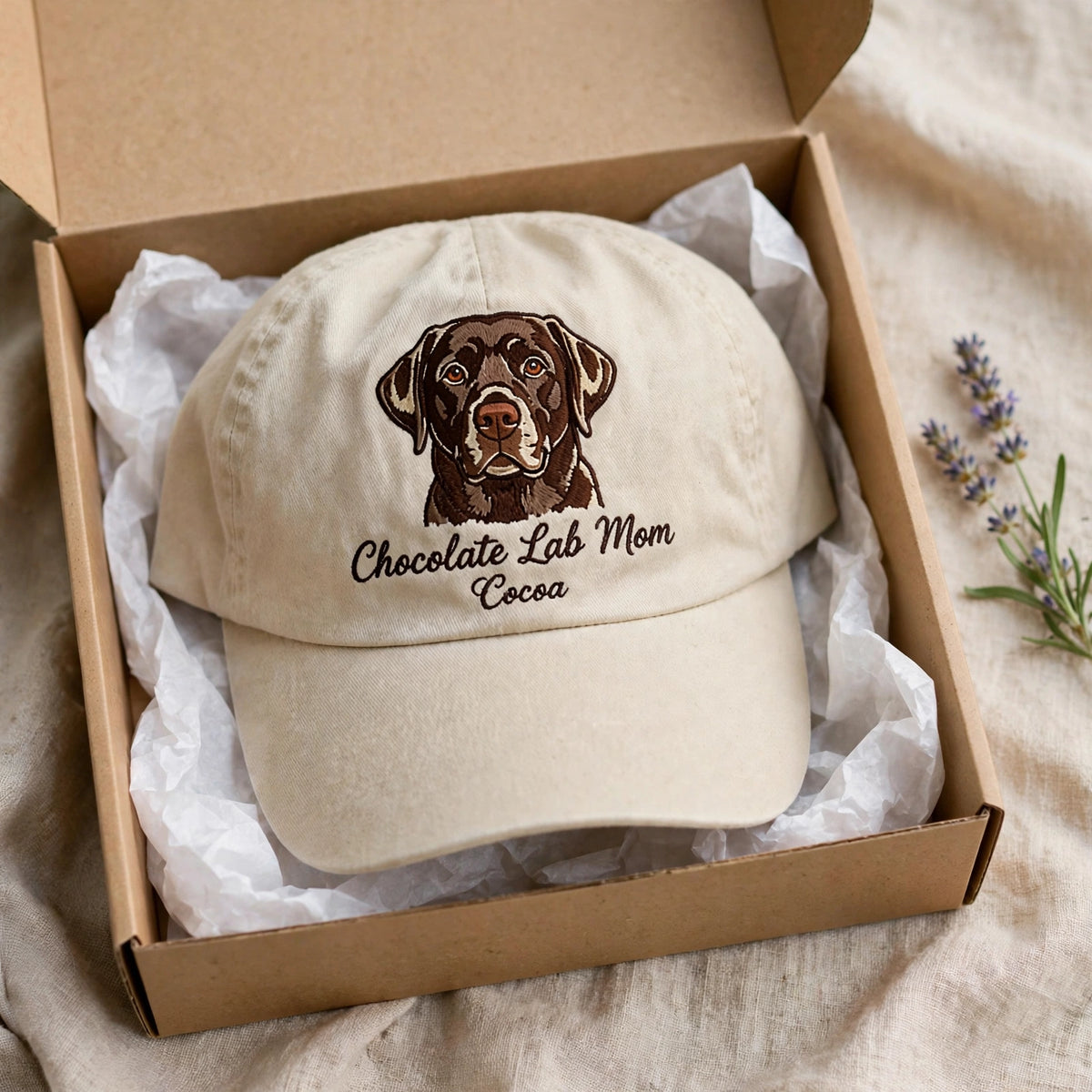 Custom Chocolate Labrador Retriever Embroidered Hat, Personalized Dog Mom Pet Name Portrait Baseball Cap, Vintage Washed Cotton