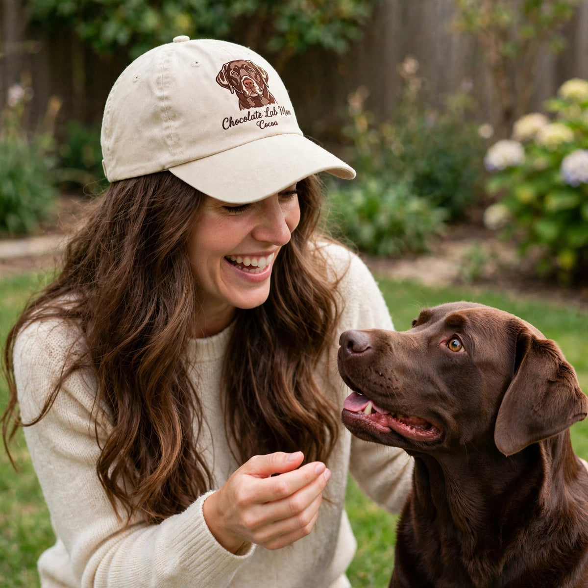 Custom Chocolate Labrador Retriever Embroidered Hat, Personalized Dog Mom Pet Name Portrait Baseball Cap, Vintage Washed Cotton