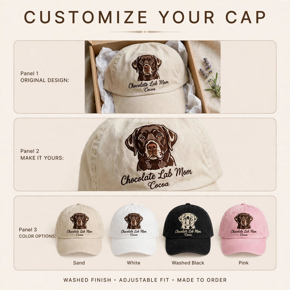 Custom Chocolate Labrador Retriever Embroidered Hat, Personalized Dog Mom Pet Name Portrait Baseball Cap, Vintage Washed Cotton