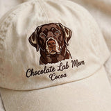 Custom Chocolate Labrador Retriever Embroidered Hat, Personalized Dog Mom Pet Name Portrait Baseball Cap, Vintage Washed Cotton