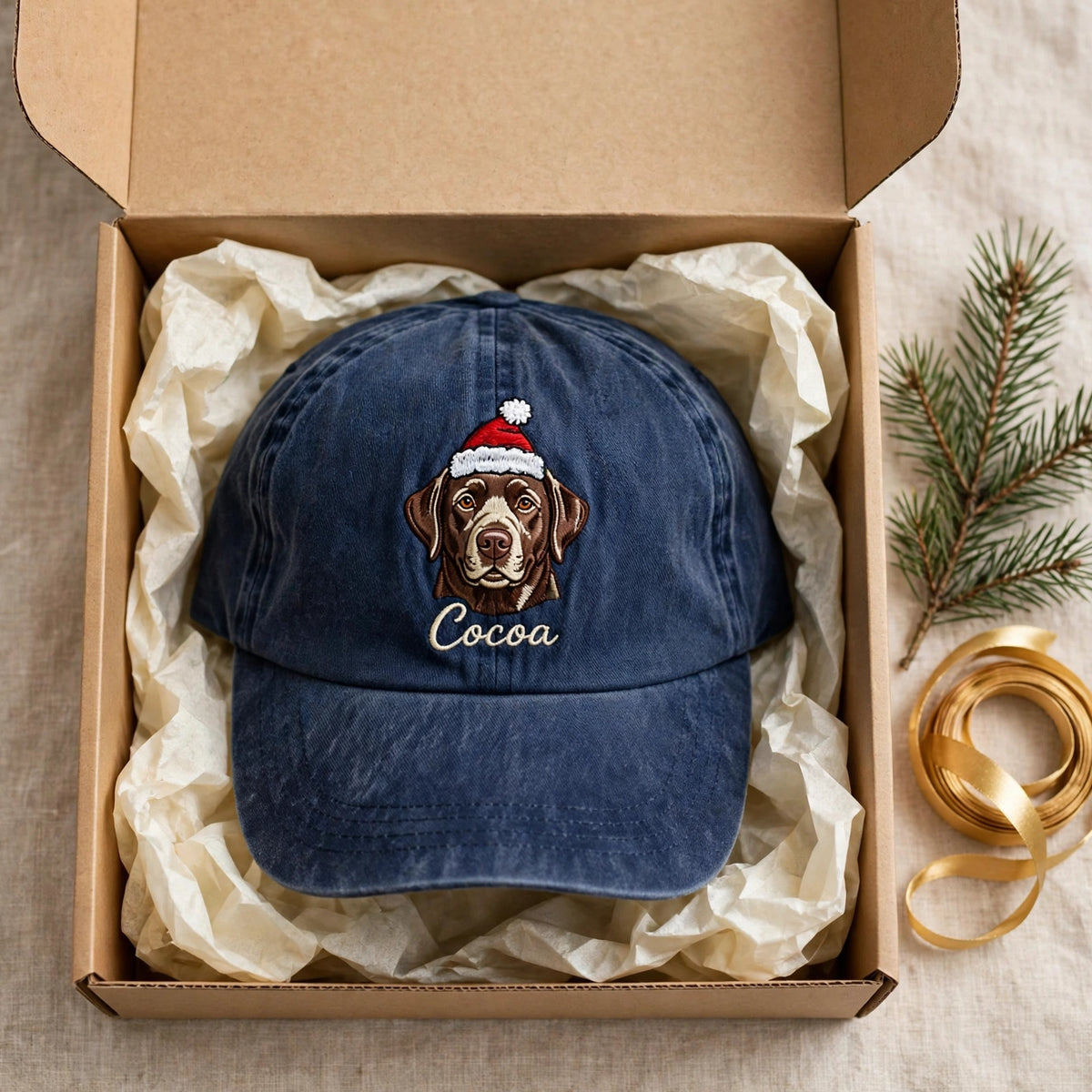 Custom Chocolate Labrador Retriever Embroidered Hat, Personalized Christmas Santa Pet Name Portrait Baseball Cap, Washed Cotton