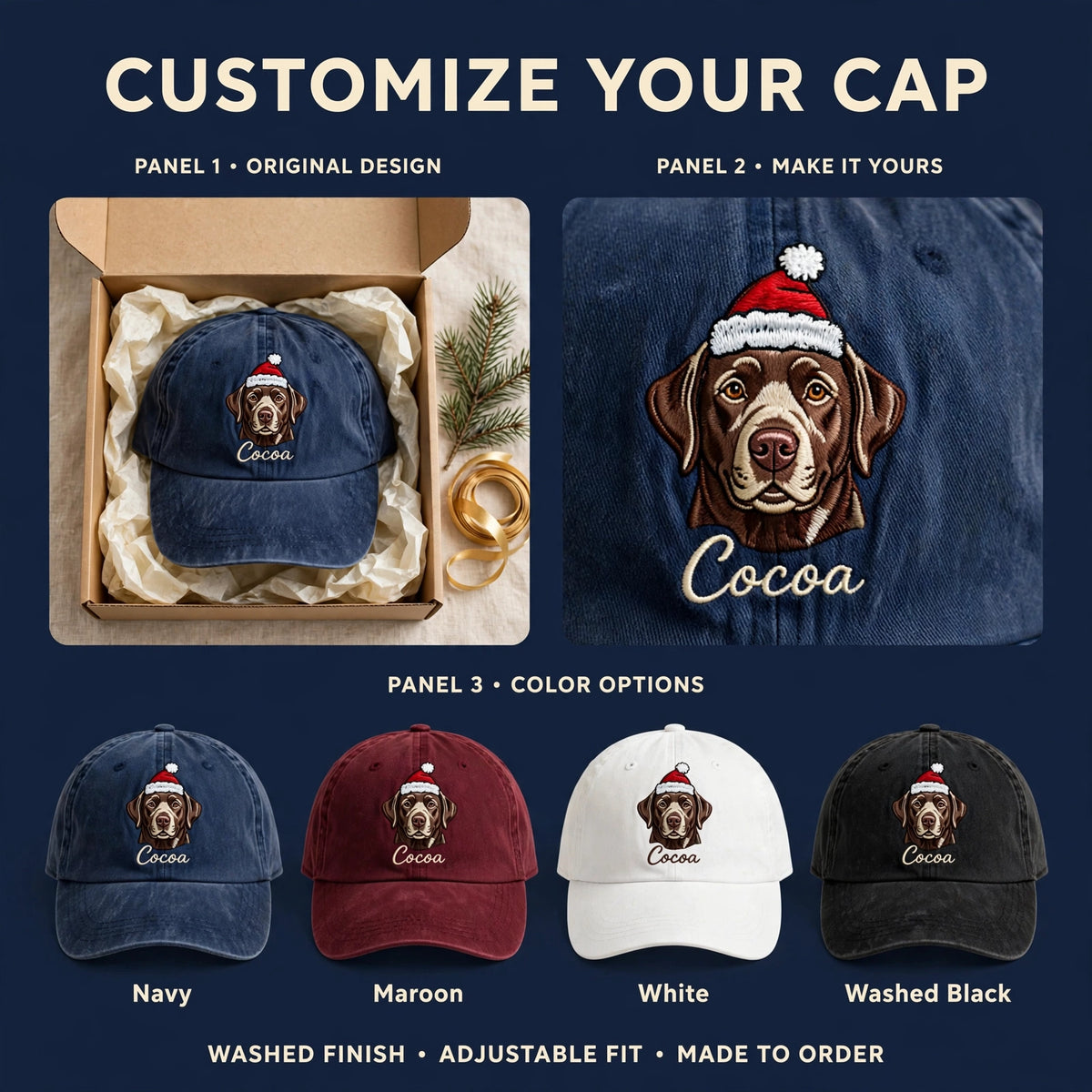 Custom Chocolate Labrador Retriever Embroidered Hat, Personalized Christmas Santa Pet Name Portrait Baseball Cap, Washed Cotton