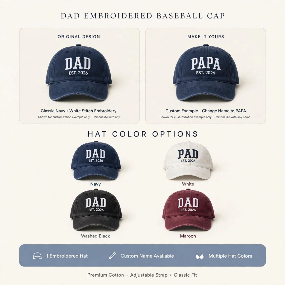 Custom Dad Est Year Embroidered Hat, Personalized Grandpa Papa Pops Cap, Stitched Father's Day Gift, New Dad Established Accessory, Cap