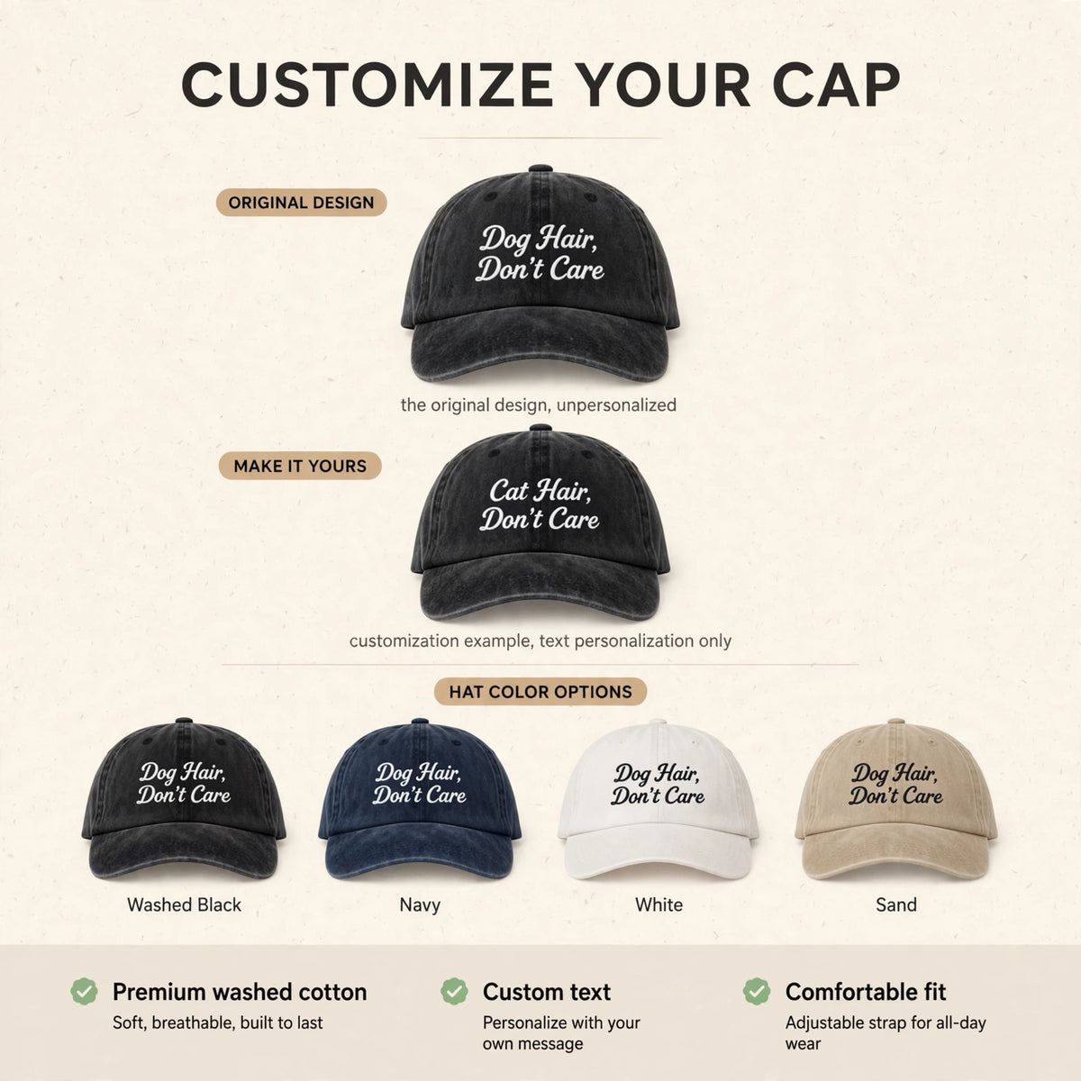 Custom Embroidered Dog Hair Don't Care Hat – Funny Pet Lover Baseball Cap, Washed Cotton Gift