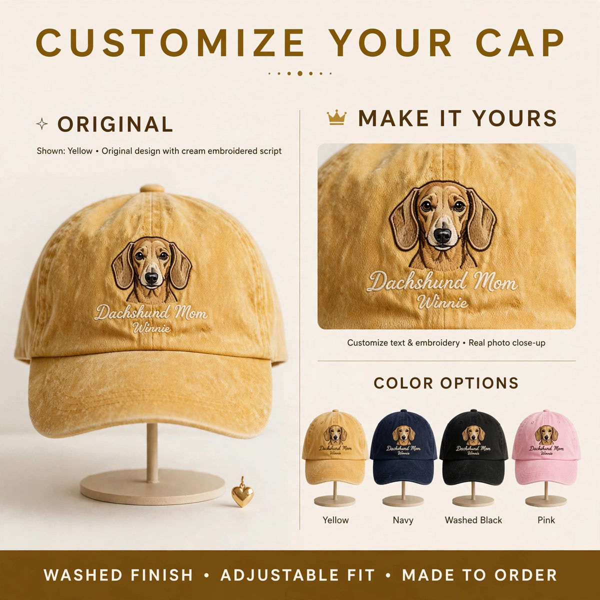 Dachshund Mom Hat, Personalized Doxie Portrait Embroidered Cap