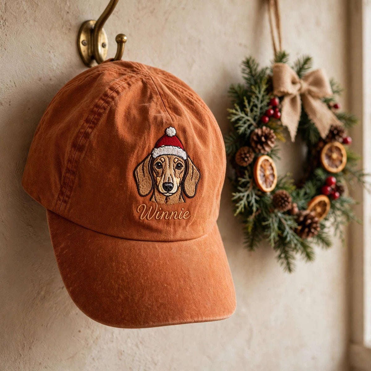 Christmas Dachshund Hat, Custom Holiday Doxie Embroidered Cap