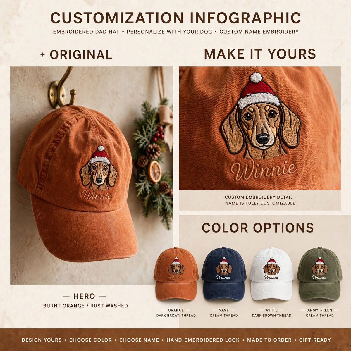 Christmas Dachshund Hat, Custom Holiday Doxie Embroidered Cap