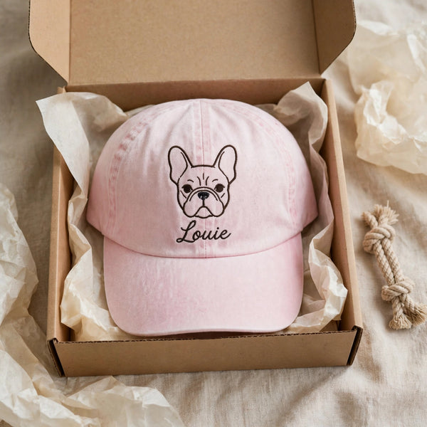 French Bulldog Line Art Hat, Custom Dog Name Embroidered Cap