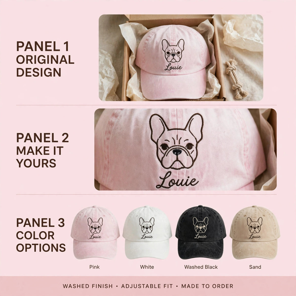 French Bulldog Line Art Hat, Custom Dog Name Embroidered Cap