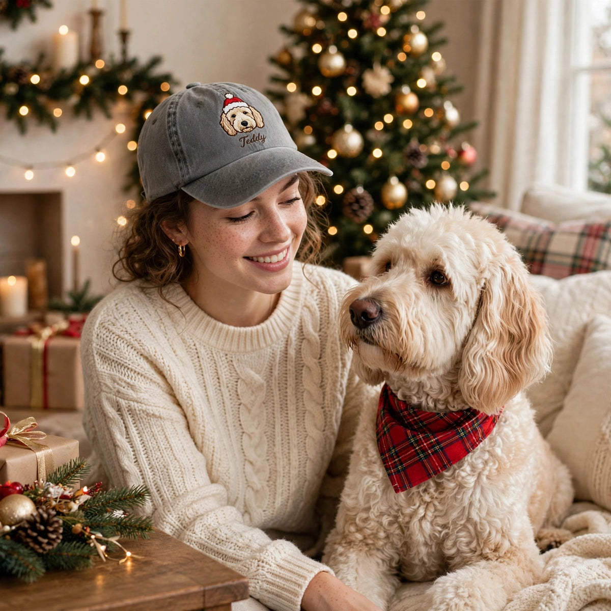 Christmas Goldendoodle Hat, Custom Holiday Doodle Embroidered Cap