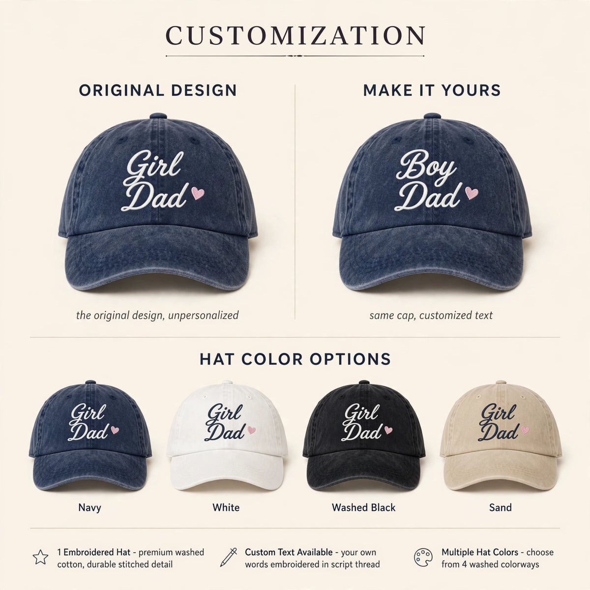 Custom Embroidered Girl Dad Hat – Personalized Dad of Girls Baseball Cap, Washed Cotton Gift for Dad