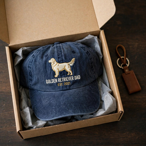 Custom Golden Retriever Embroidered Hat, Personalized Dog Dad Est Year Silhouette Baseball Cap, Washed Cotton