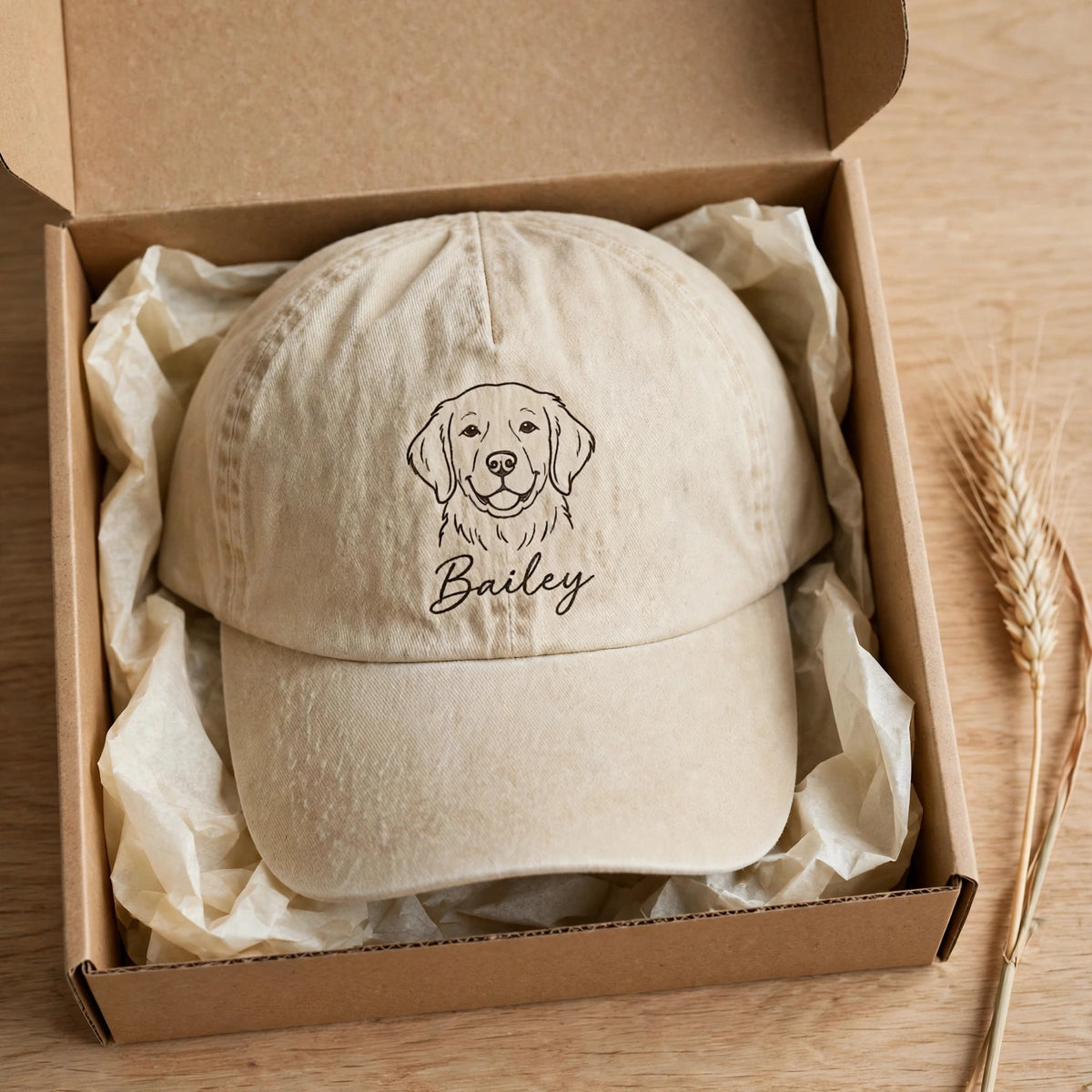 Custom Golden Retriever Embroidered Hat, Personalized Pet Name Line Art Baseball Cap, Washed Cotton