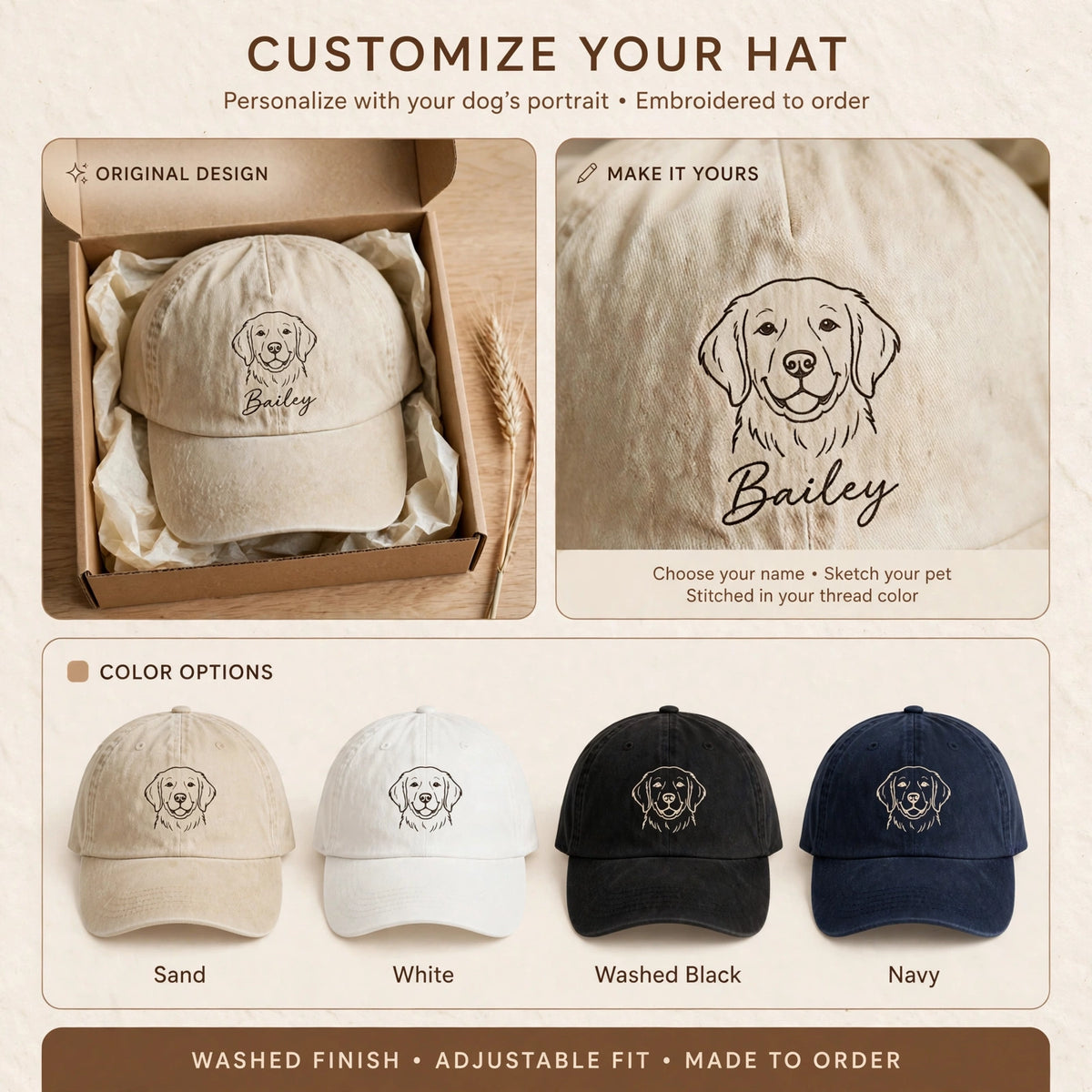 Custom Golden Retriever Embroidered Hat, Personalized Pet Name Line Art Baseball Cap, Washed Cotton