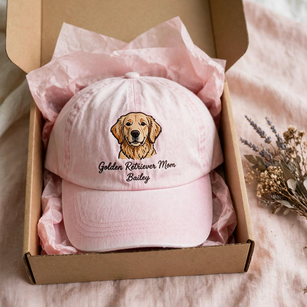 Custom Golden Retriever Embroidered Hat, Personalized Dog Mom Pet Name Portrait Baseball Cap, Vintage Washed Cotton