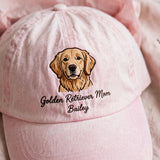 Custom Golden Retriever Embroidered Hat, Personalized Dog Mom Pet Name Portrait Baseball Cap, Vintage Washed Cotton
